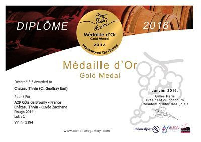 International du Gamay 2016  - Gold melal for our cuvée Zaccharie 2014